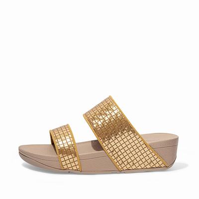 Fitflop Olive Metallic Woven Leather Slides - Sandalen Damen - Braun/Gold (JVC469301)